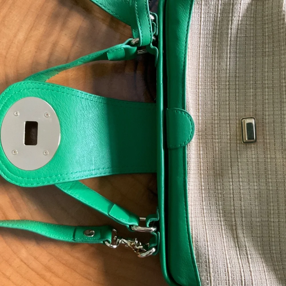 Emma Fox Newport Green Leather & Natural Woven Linen Blend Crossbody Satchel Bag